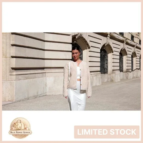 Cropped Faux Fur Jacket Sherpa Fleece Button Down Chic Winter Cozy